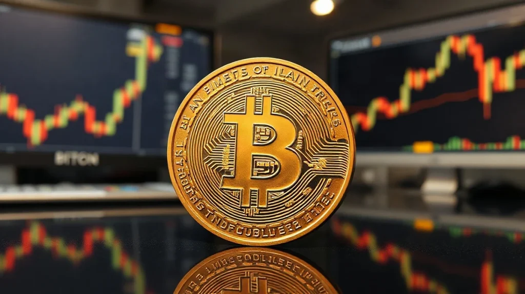 Bitcoin coin on a reflective surface with a subtle price chart in the background, representing market analysis and whale accumulation.