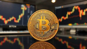 Bitcoin coin on a reflective surface with a subtle price chart in the background, representing market analysis and whale accumulation.