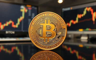 Bitcoin coin on a reflective surface with a subtle price chart in the background, representing market analysis and whale accumulation.