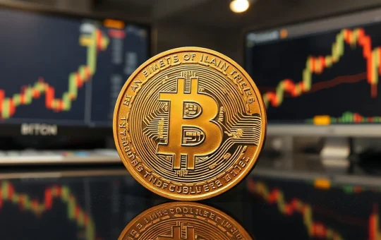 Bitcoin coin on a reflective surface with a subtle price chart in the background, representing market analysis and whale accumulation.