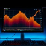 Bitcoin price chart with liquidation heatmap overlay on a trading monitor