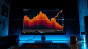 Bitcoin price chart with liquidation heatmap overlay on a trading monitor