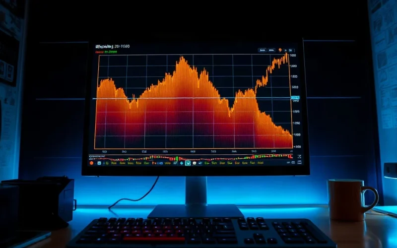 Bitcoin price chart with liquidation heatmap overlay on a trading monitor