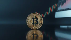Bitcoin coin on a reflective surface with a blurred trading chart in the background, symbolizing market analysis.