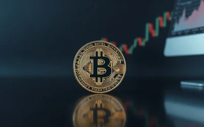 Bitcoin coin on a reflective surface with a blurred trading chart in the background, symbolizing market analysis.