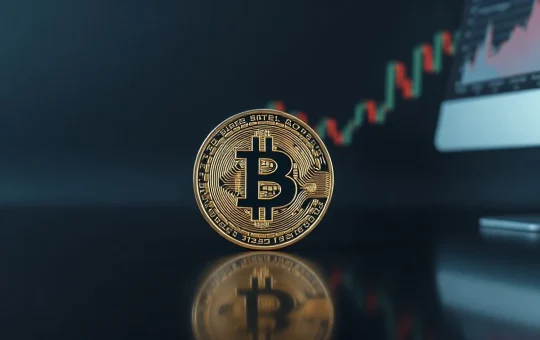 Bitcoin coin on a reflective surface with a blurred trading chart in the background, symbolizing market analysis.