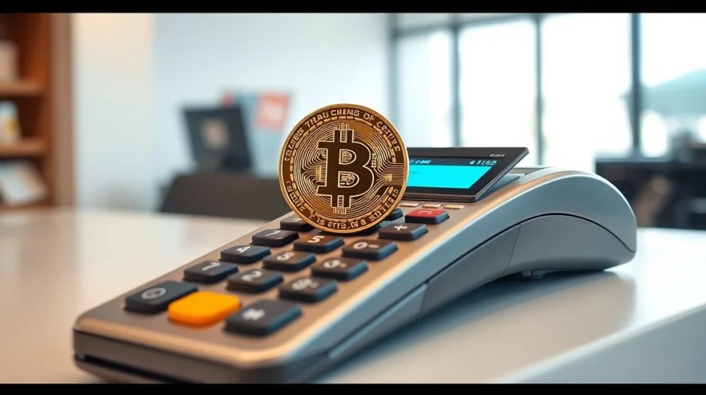 Bitcoin coin on a payment terminal keypad with a credit card, symbolizing the debate over BTC as a payment method