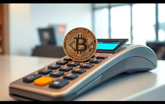 Bitcoin coin on a payment terminal keypad with a credit card, symbolizing the debate over BTC as a payment method