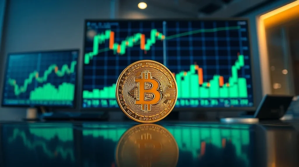 Bitcoin coin in front of a trading chart display in a dimly lit financial office