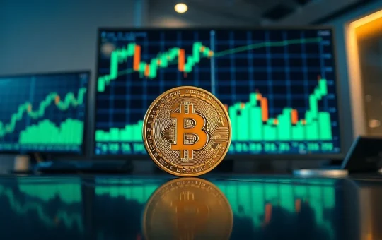 Bitcoin coin in front of a trading chart display in a dimly lit financial office