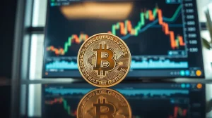 Bitcoin coin on reflective surface with blurred trading chart in background, representing price analysis.
