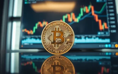Bitcoin coin on reflective surface with blurred trading chart in background, representing price analysis.