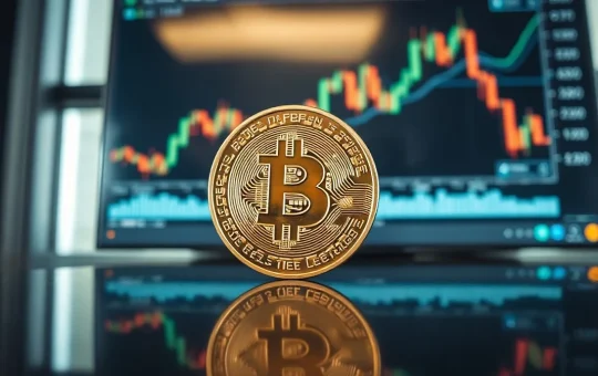 Bitcoin coin on reflective surface with blurred trading chart in background, representing price analysis.