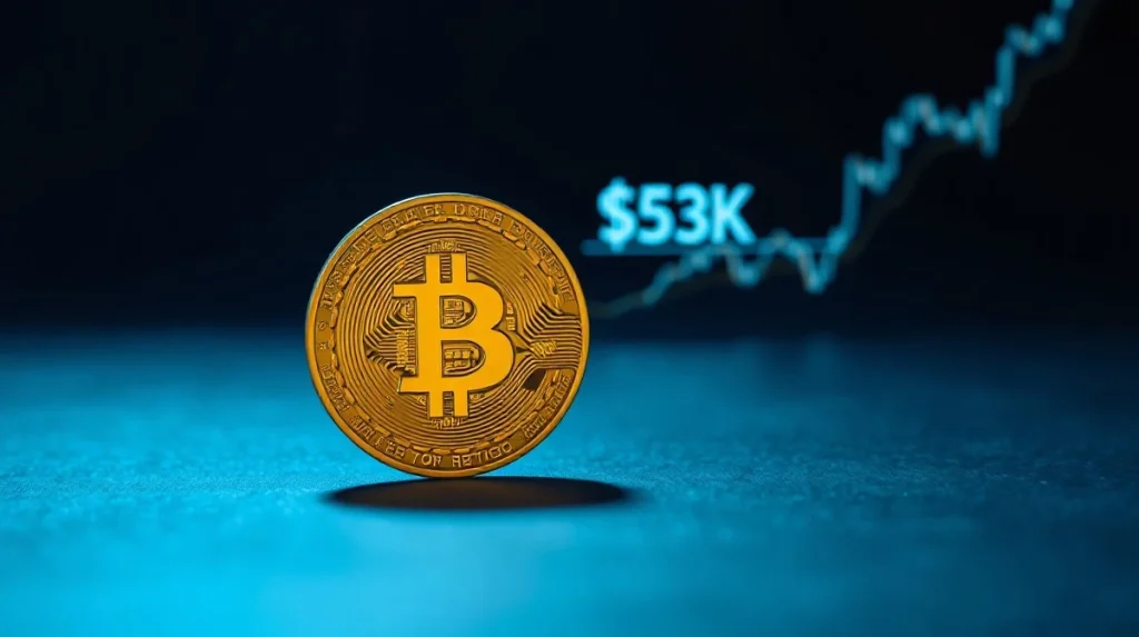 Bitcoin coin on reflective surface with glowing chart and $53K price marker in background