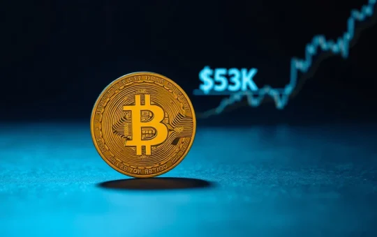 Bitcoin coin on reflective surface with glowing chart and $53K price marker in background