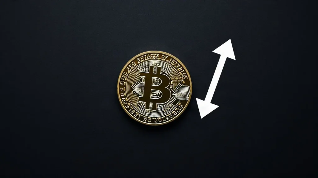 Bitcoin coin on dark surface with subtle downward arrow graphic, representing key price support level analysis.