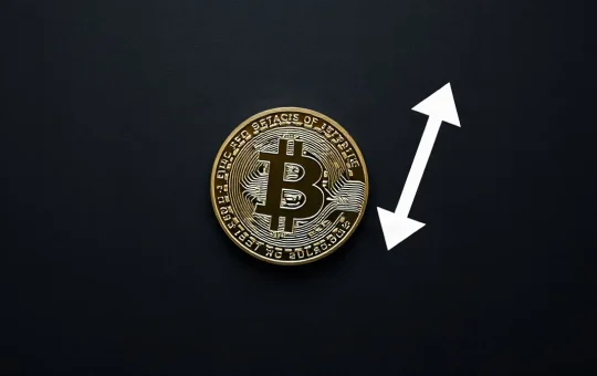 Bitcoin coin on dark surface with subtle downward arrow graphic, representing key price support level analysis.