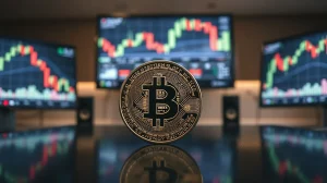 Bitcoin coin on reflective surface with blurred trading monitors in background