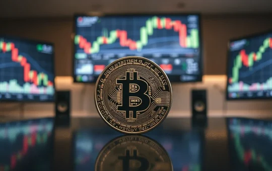 Bitcoin coin on reflective surface with blurred trading monitors in background