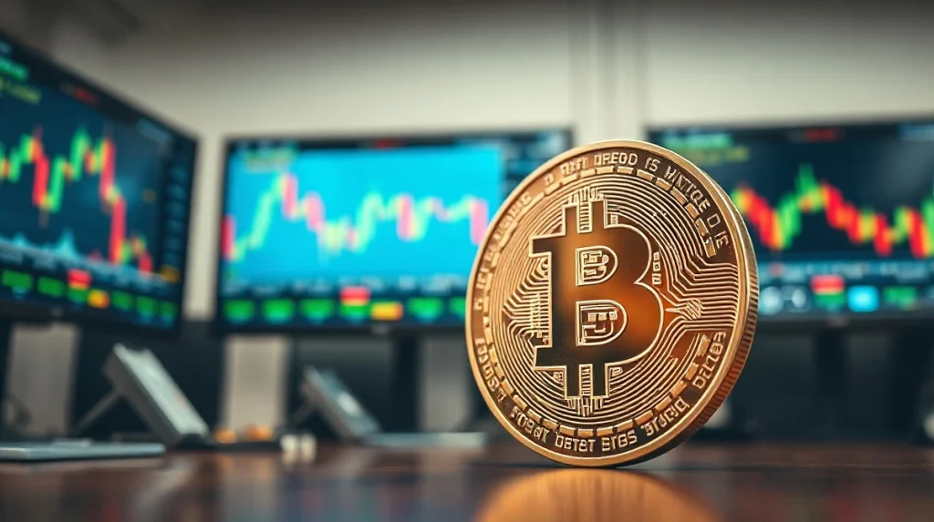 Bitcoin coin in foreground with blurred trading screens showing market charts in background