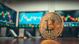 Bitcoin coin in foreground with blurred trading screens showing market charts in background