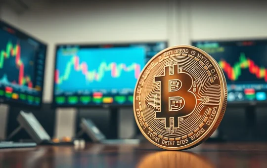 Bitcoin coin in foreground with blurred trading screens showing market charts in background