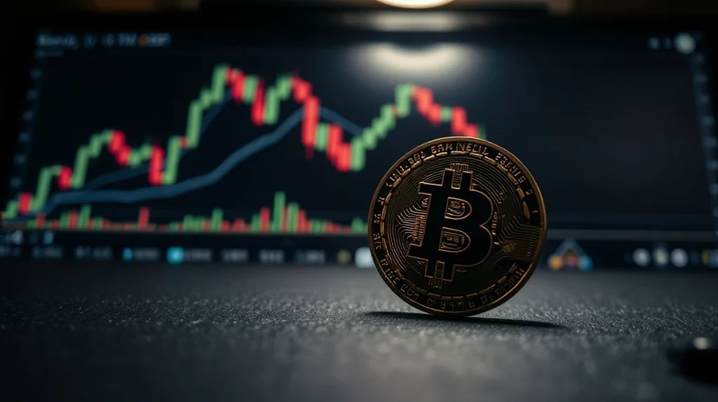 Bitcoin coin resting on a surface with a blurred trading chart in the background, representing market analysis