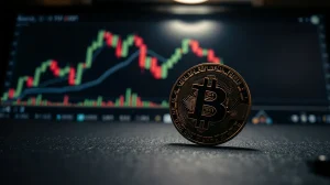 Bitcoin coin resting on a surface with a blurred trading chart in the background, representing market analysis