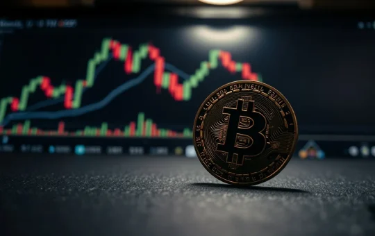 Bitcoin coin resting on a surface with a blurred trading chart in the background, representing market analysis