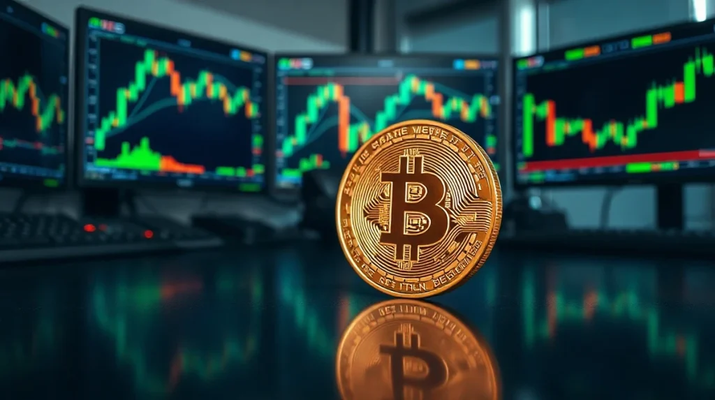 Bitcoin coin on a trading desk with monitors showing price charts, representing whale accumulation and market analysis.