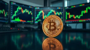 Bitcoin coin on a trading desk with monitors showing price charts, representing whale accumulation and market analysis.