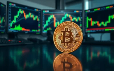 Bitcoin coin on a trading desk with monitors showing price charts, representing whale accumulation and market analysis.