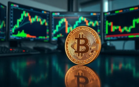 Bitcoin coin on a trading desk with monitors showing price charts, representing whale accumulation and market analysis.