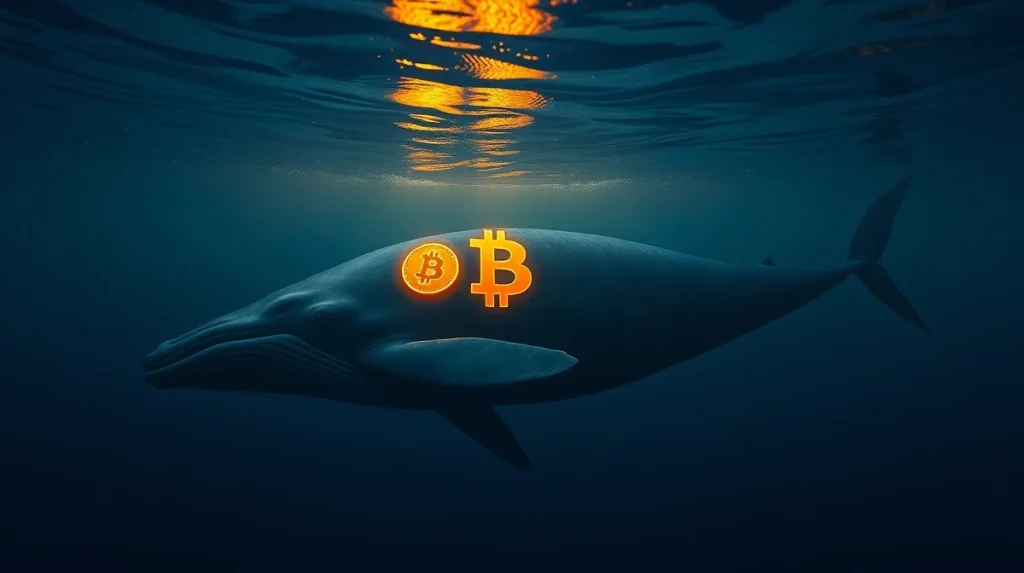 Bitcoin symbol on a whale swimming underwater in a calm ocean scene