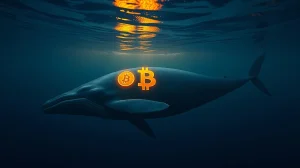 Bitcoin symbol on a whale swimming underwater in a calm ocean scene