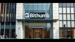 Bithumb headquarters building in Seoul, South Korea, with a modern glass facade