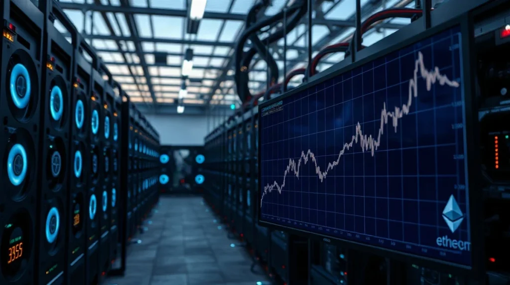 Ethereum mining facility with price chart showing upward trend