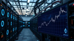 Ethereum mining facility with price chart showing upward trend
