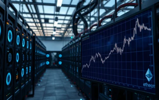 Ethereum mining facility with price chart showing upward trend