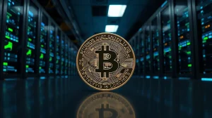 Bittensor TAO coin in front of a modern data center server corridor