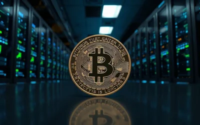 Bittensor TAO coin in front of a modern data center server corridor