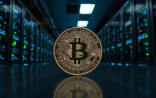Bittensor TAO coin in front of a modern data center server corridor
