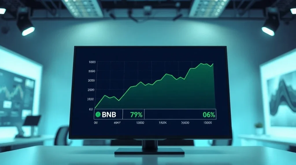 Financial dashboard showing BNB price and DEX volume charts trending upward.