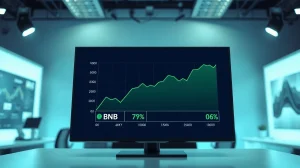 Financial dashboard showing BNB price and DEX volume charts trending upward.
