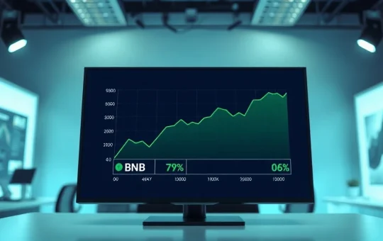 Financial dashboard showing BNB price and DEX volume charts trending upward.