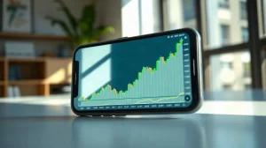 Smartphone showing a rising BNB price chart after a breakout, with a bullish trend line.