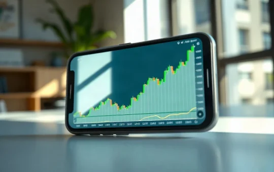 Smartphone showing a rising BNB price chart after a breakout, with a bullish trend line.