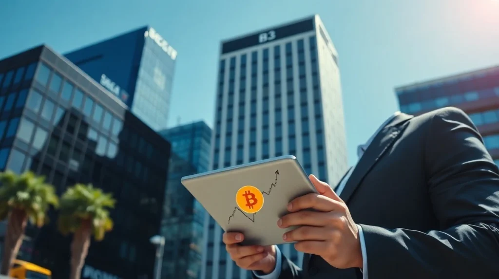 Brazilian investor reviewing a Bitcoin chart on a tablet in São Paulo's financial district