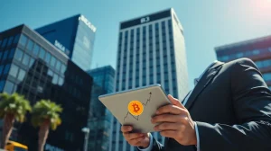 Brazilian investor reviewing a Bitcoin chart on a tablet in São Paulo's financial district