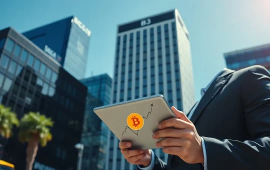 Brazilian investor reviewing a Bitcoin chart on a tablet in São Paulo's financial district